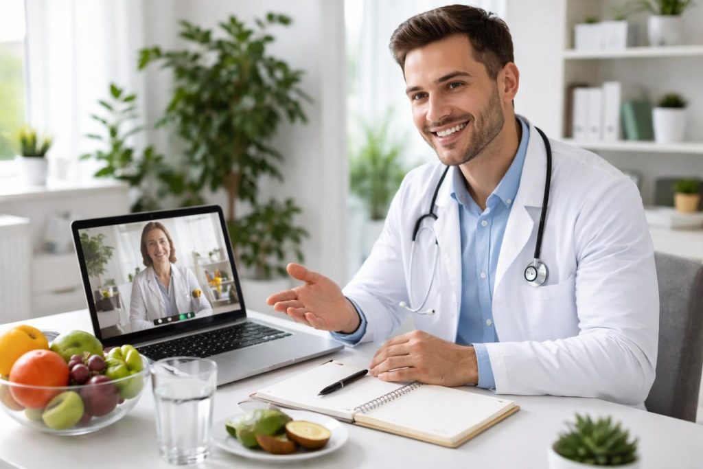 consultation avec un diététicien en ligne pour un accompagnement personnalisé, conseils nutritionnels adaptés et suivi à distance pour une alimentation saine et équilibrée.